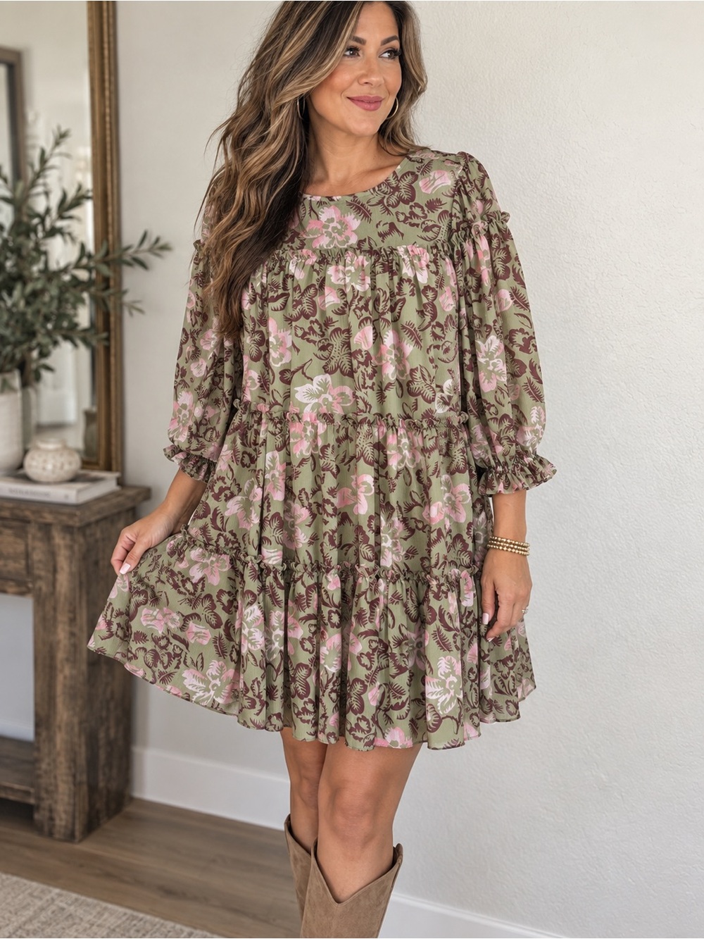 Ted Baker Olive Green Floral Tiered Mini Dress with Pink Accents